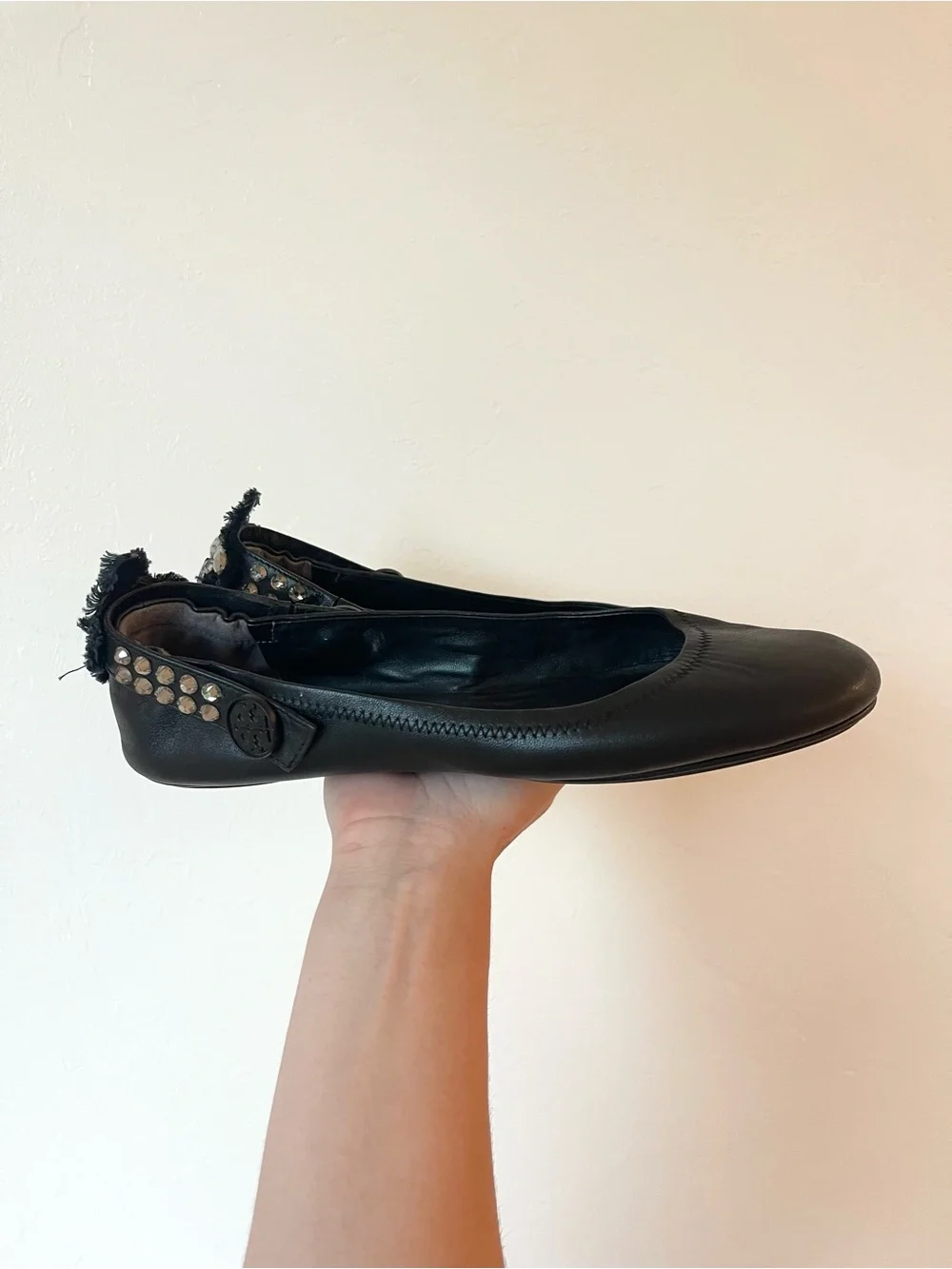 Tory Burch Minnie Black Leather Convertible Crystal Embellished Ballet Flats 10